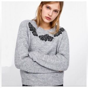 Women's Zara Grey Knit Embellished Crew Neck Sweater S wool alpaca blend